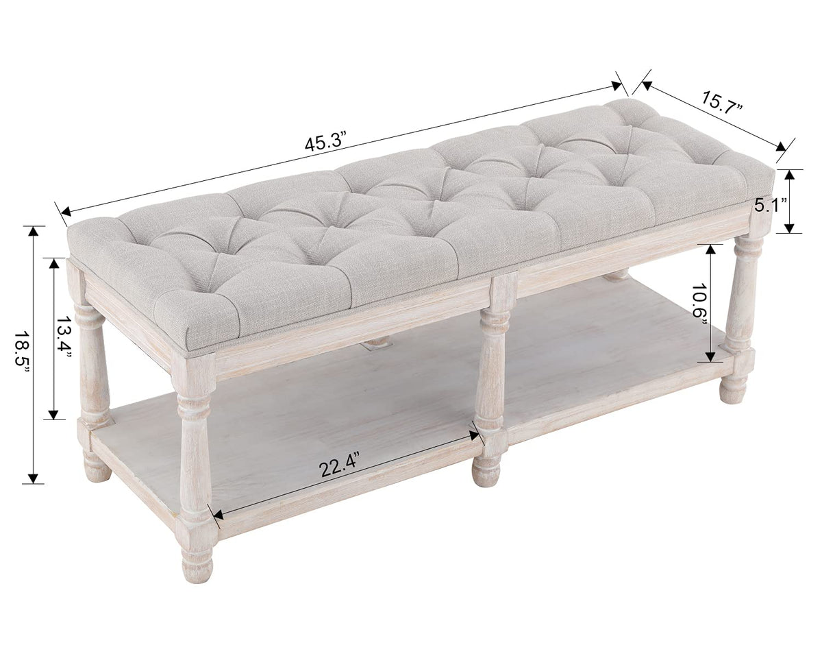 Farmhouse Storage Bench Wooden Entryway Upholstered Tufted Ottoman Bench End of Bed Hallway Organizer, Beige