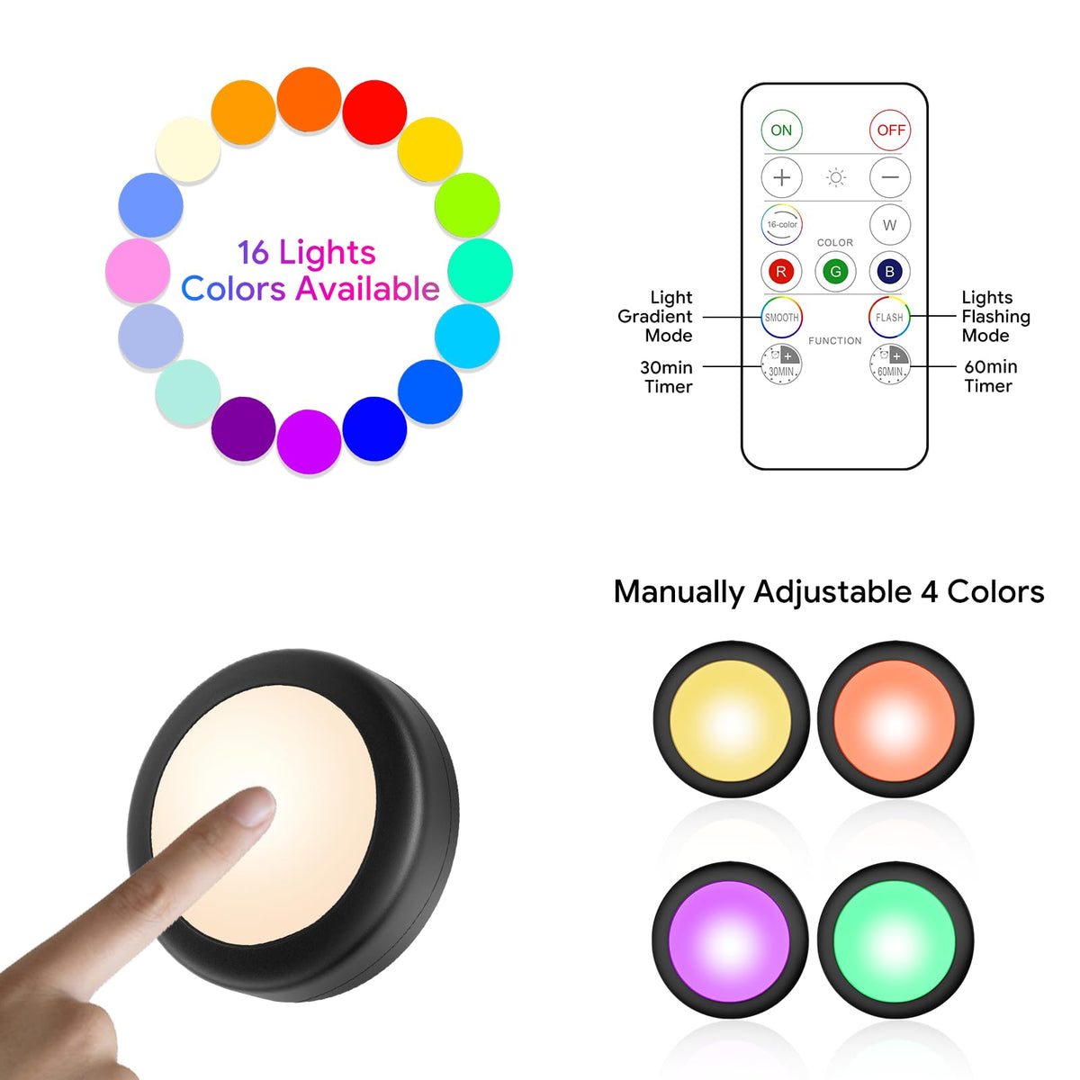 12 Pack LED Puck Lights Remote Control 16 Color Changeable Under Cabinet Lights, Battery Operated Lights Night Light
