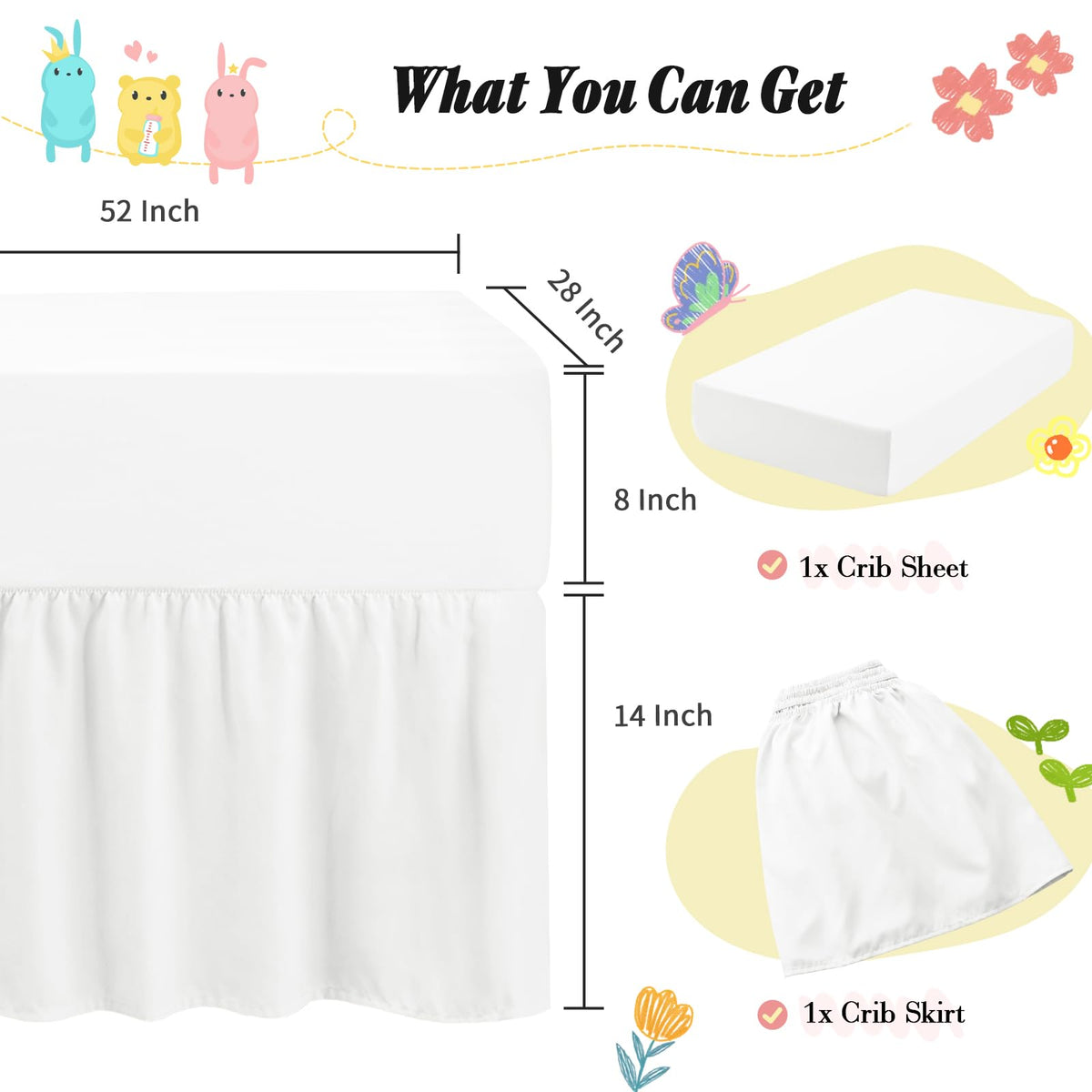 2 Pack Crib Skirt & Crib Bed Sheet Set, White