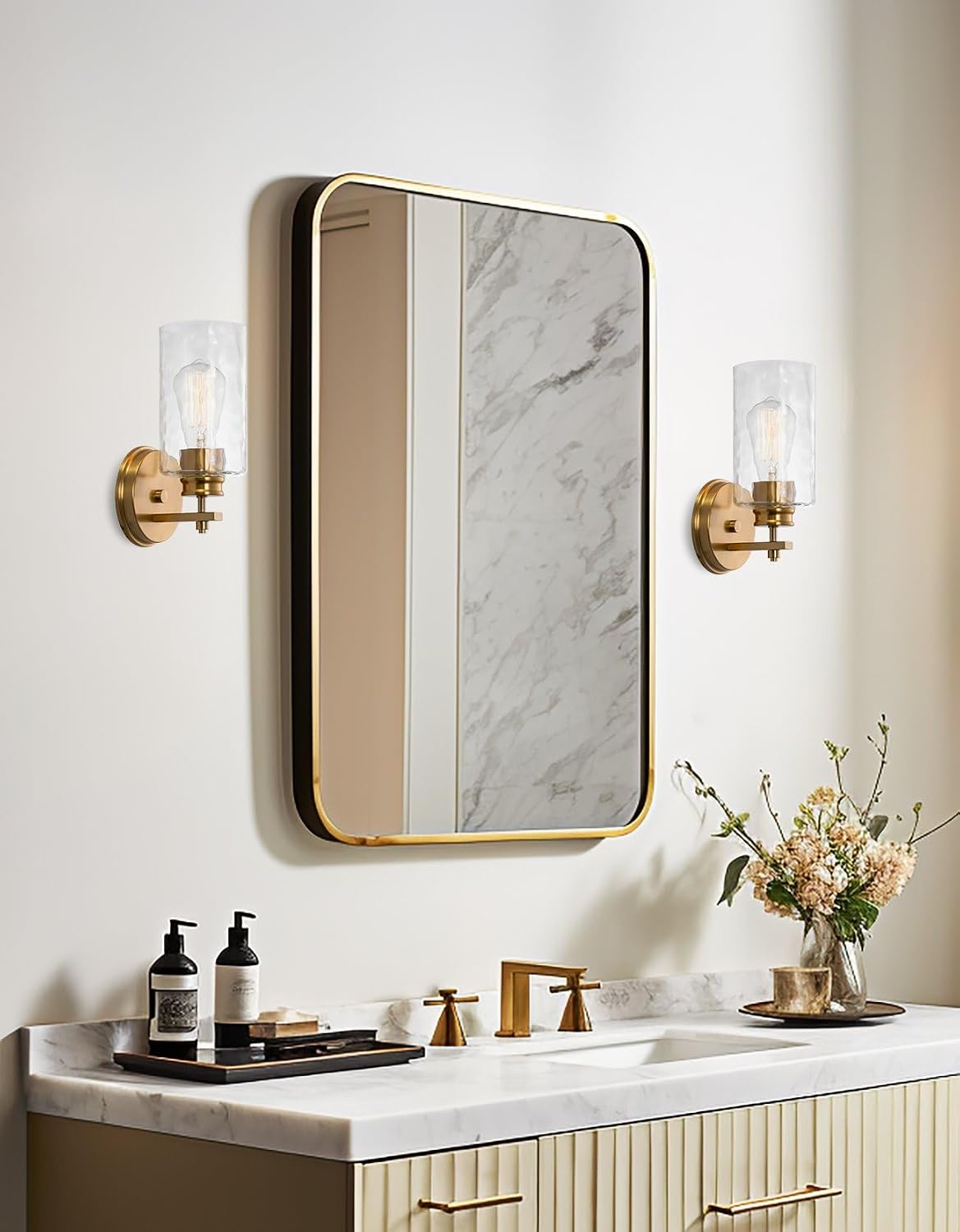 Phoebe 10" Modern Gold Wall Sconce with Hammered Glass Shade, Gold Wall Light with Water Glass Cylinder Shade, Cool