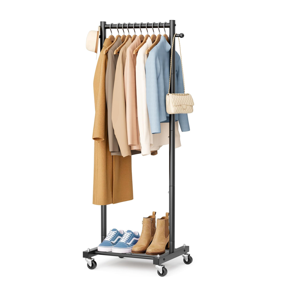 Small Clothes Racks for Hanging Clothes, Rolling Clothing Rack with Shelves, 60" Metal Garment Rack with Wheels
