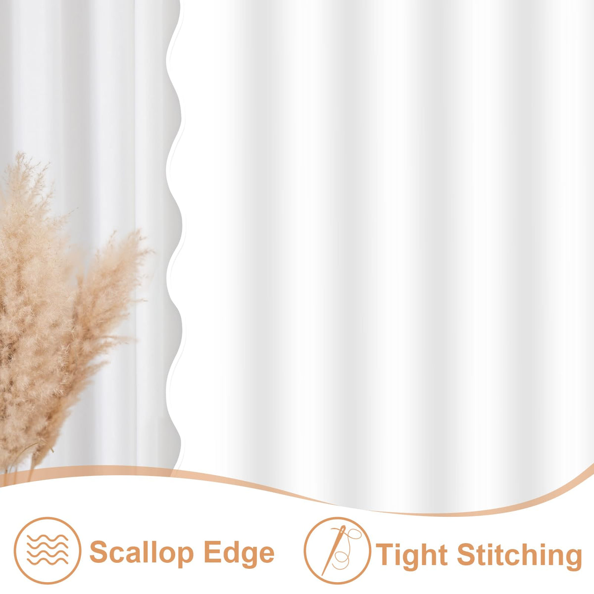 White Scalloped Fabric, Aesthetic Cute Scallop Preppy Ruffle Waterproof Bath Bathroom Decor with Metal Hook 72 W x