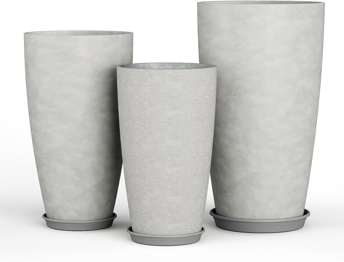 24, 21, 18 inch Tall Planters for Outdoor Plants, with Drainage Hole & Saucer, Set of 3 Tall Outdoor Planter for