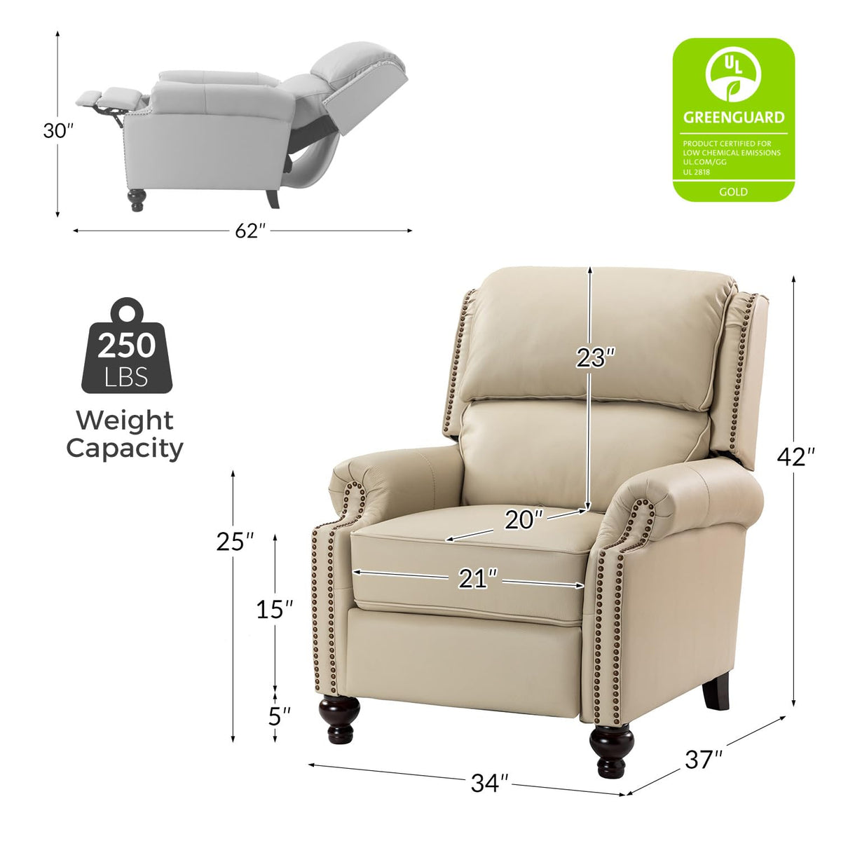Genuine Leather Recliner Chair Set of 2, Beige