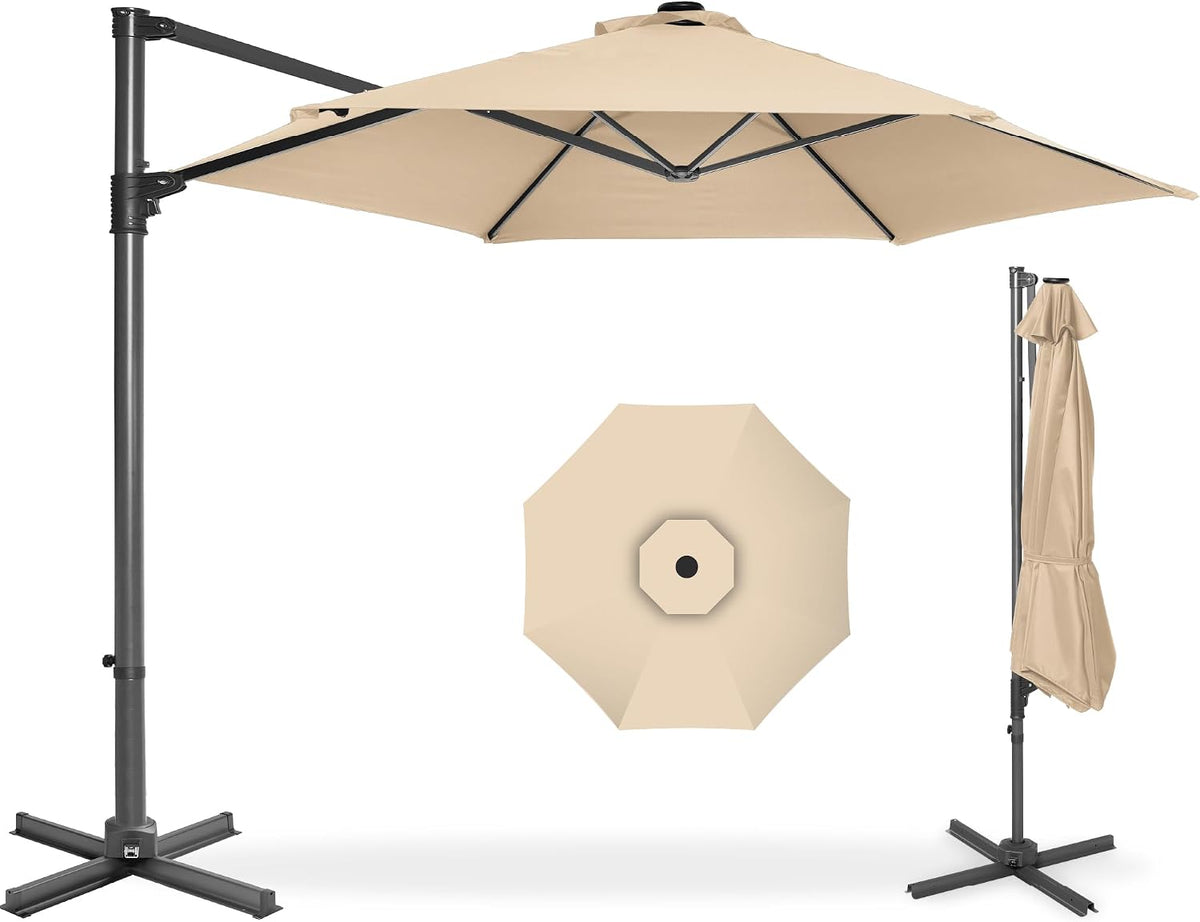 10ft Offset Cantilever Hanging Market Patio Umbrella, Smooth 360° Rotation, 8 Sturdy Ribs, Easy Adjustment - Sand