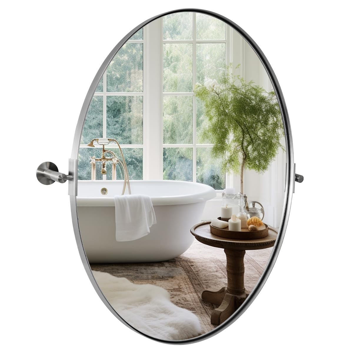 Brushed Nickel Bathroom Mirror, 22 x 34 Inch Oval Pivot Mirror for Wall, Unique Farmhouse Tilt Mirror in Slim Silver