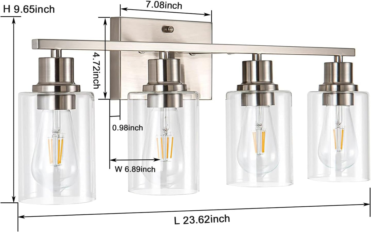 4-Light Bathroom Light Fixtures, Brushed Nickel Vanity Light with Clear Glass Shade, Modern Wall Sconce for Mirror