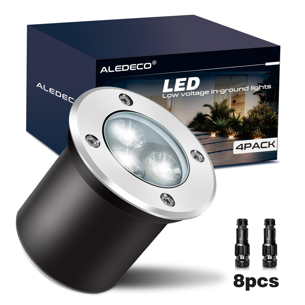 4Pack 3W Low Voltage Landscape Lights with Connectors 12-24V LED In-Ground Lights IP67 Waterproof Garden Lighting