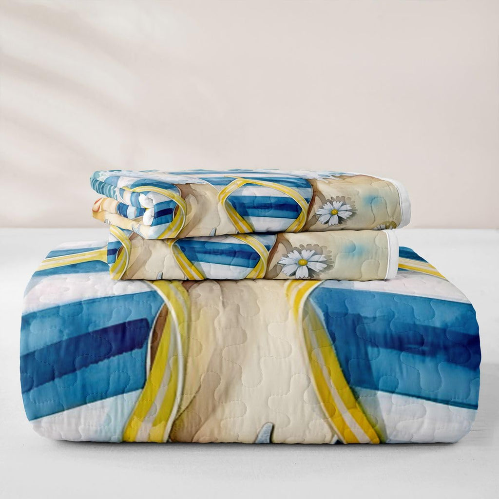 Flip Flop Quilted Bedspread Set, Seashell Starfish Microfiber Lightweight, Tropical Beach Quilt Sets for All