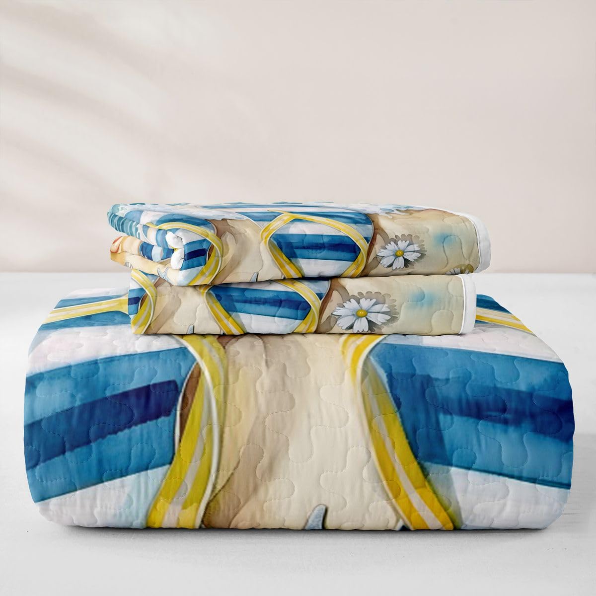 Flip Flop Quilted Bedspread Set, Seashell Starfish Microfiber Lightweight, Tropical Beach Quilt Sets for All