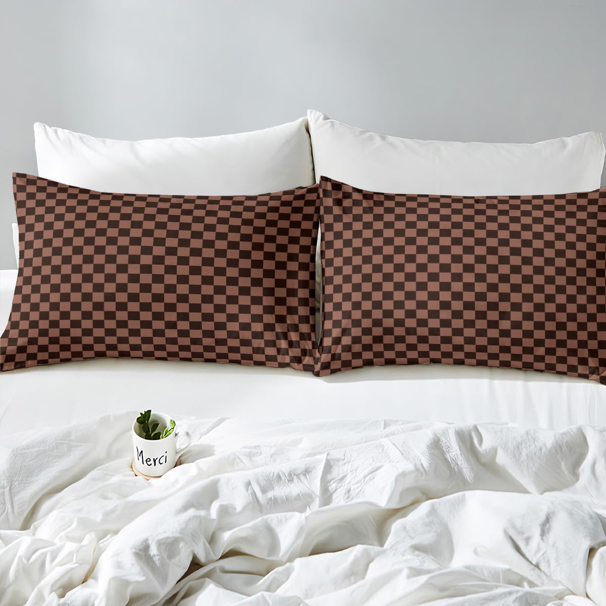 Chocolate Checkerboard Fitted Sheet Set with 2 Pillowcase, Brown Squares Buffalo Checkered Grids Microfiber Mattress