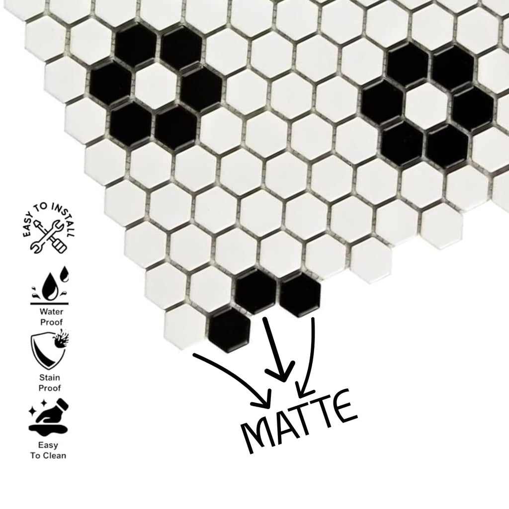 Hexagon Matte White with Black Hexagon Flower Pattern Porcelain Mosaic Floor and Wall Tile Backsplash, Bathroom