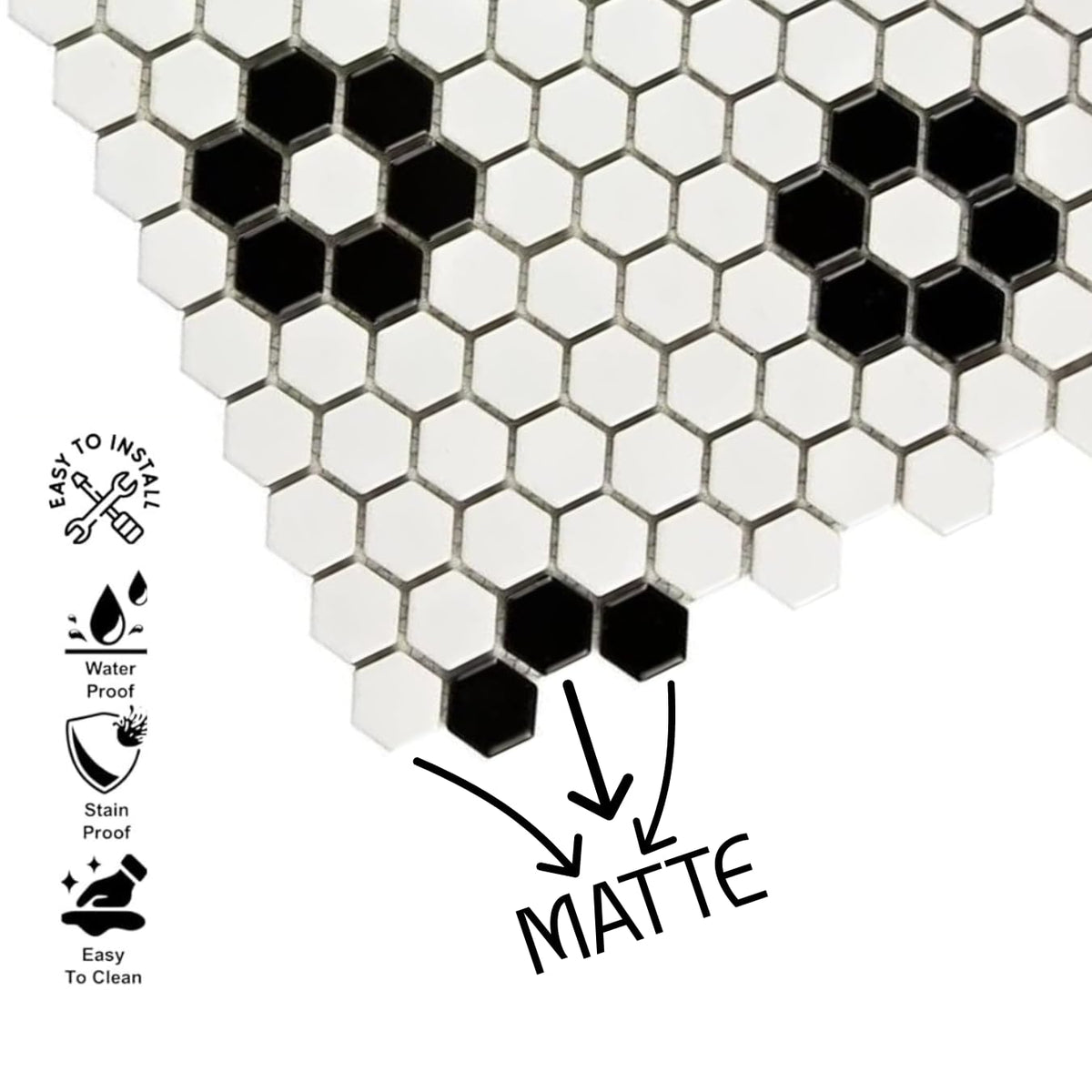 Hexagon Matte White with Black Hexagon Flower Pattern Porcelain Mosaic Floor and Wall Tile Backsplash, Bathroom