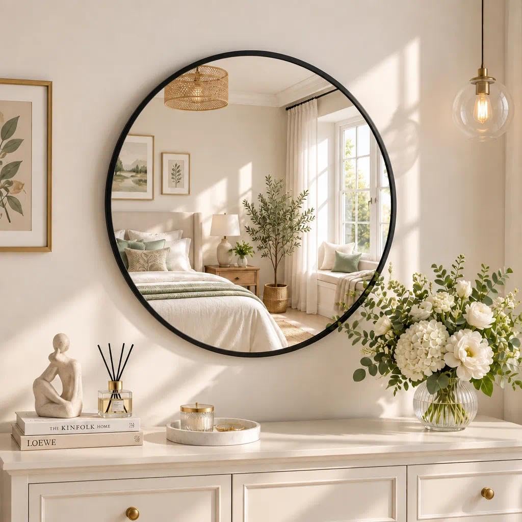 20 Inch Round Mirror, Metal Frame Circle Mirror, Black