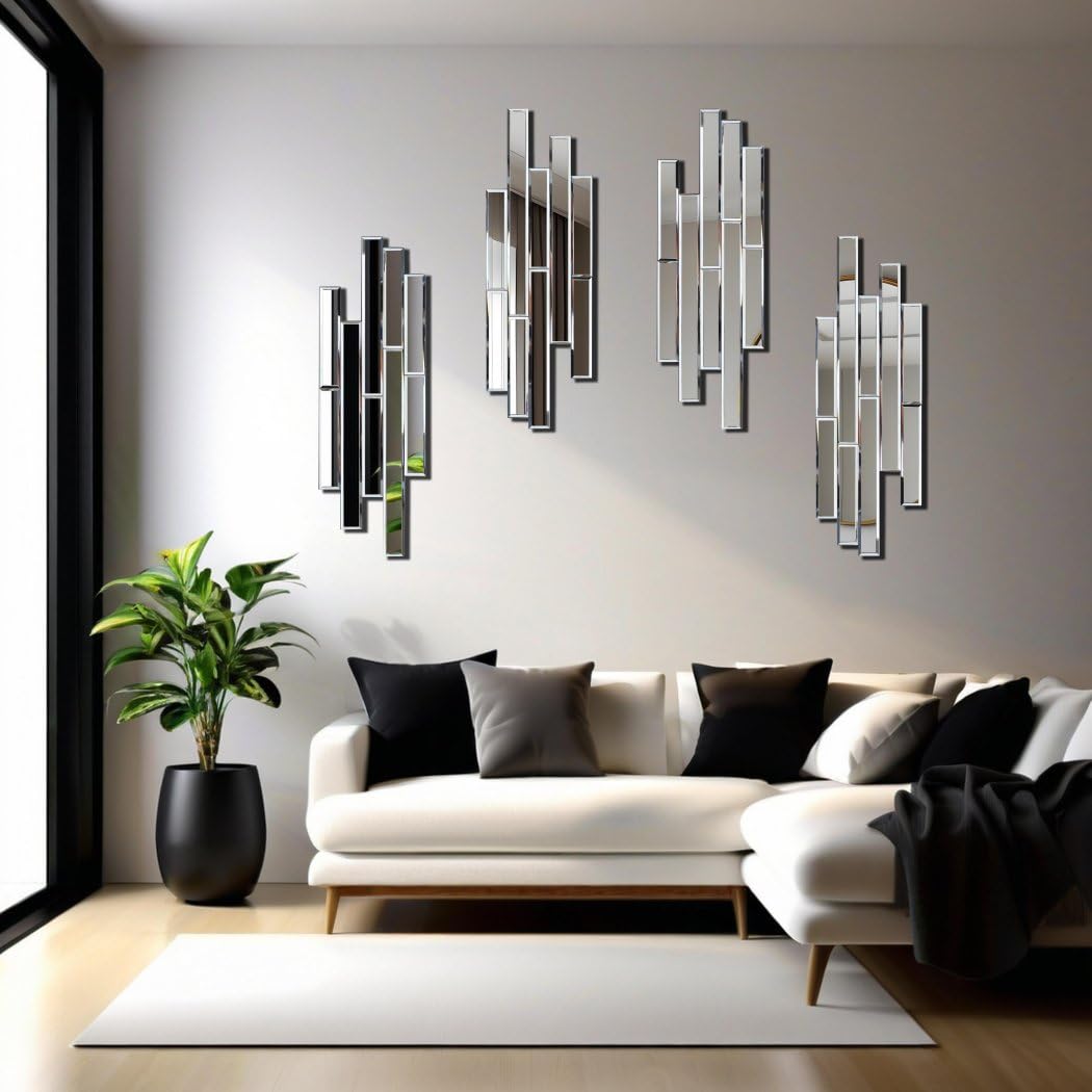 Artisan Set of 4 Silver Beveled Wall Decor Mirrors - 24x8 Inch Each, Creative Combination Design for Modern &