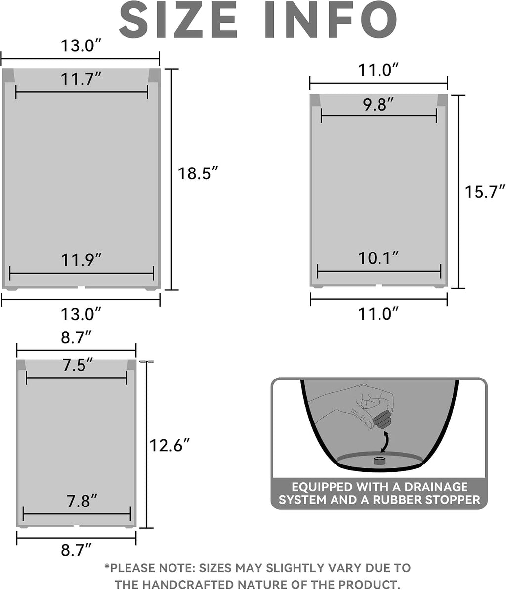 Set of 3 Charcoal Concrete Tall Planters 13" 11" 13" Dia | Drainage for Outdoor, Rubber Plug for Indoor Home