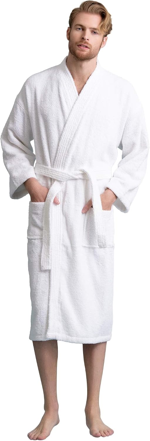 Men's Turkish Terry Kimono Style Bathrobe - 100% Cotton Robe for Men - Comfortable & Absorbent - Soft & Cozy Wear