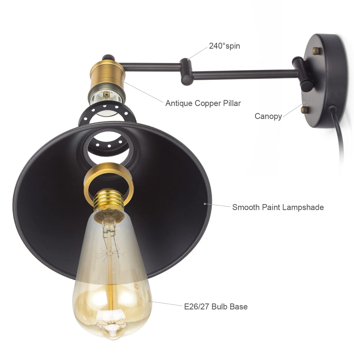 Swing Arm Wall Lamp Plug-in Cord Industrial Wall Sconce, Bronze and Black Finish,with On/Off Switch, E26 Base,1-Light