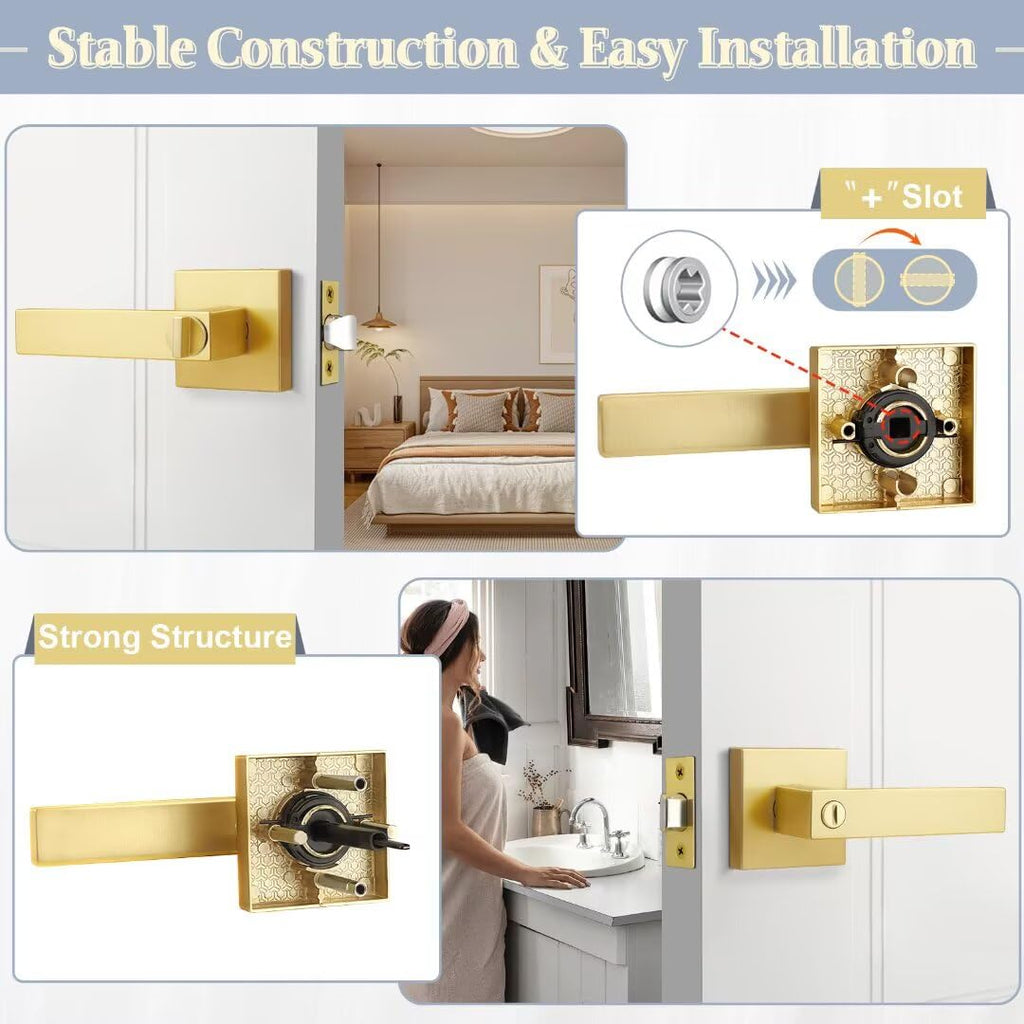 Gold Goor Handles Interior, Brass Privacy Lever Door Handle Keyless, Square Heavy Duty Reversible Interior Door