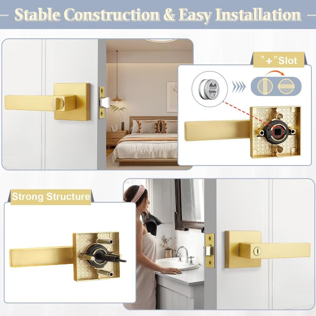 Gold Goor Handles Interior, Brass Privacy Lever Door Handle Keyless, Square Heavy Duty Reversible Interior Door