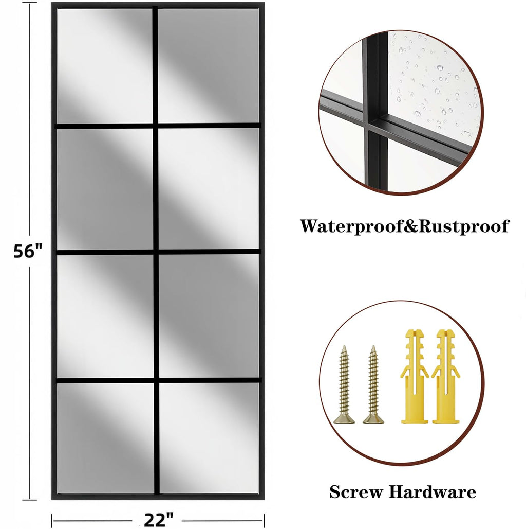 Full Length Mirror, 56"x22" Standing Windowpane Wall Mirror (Black)