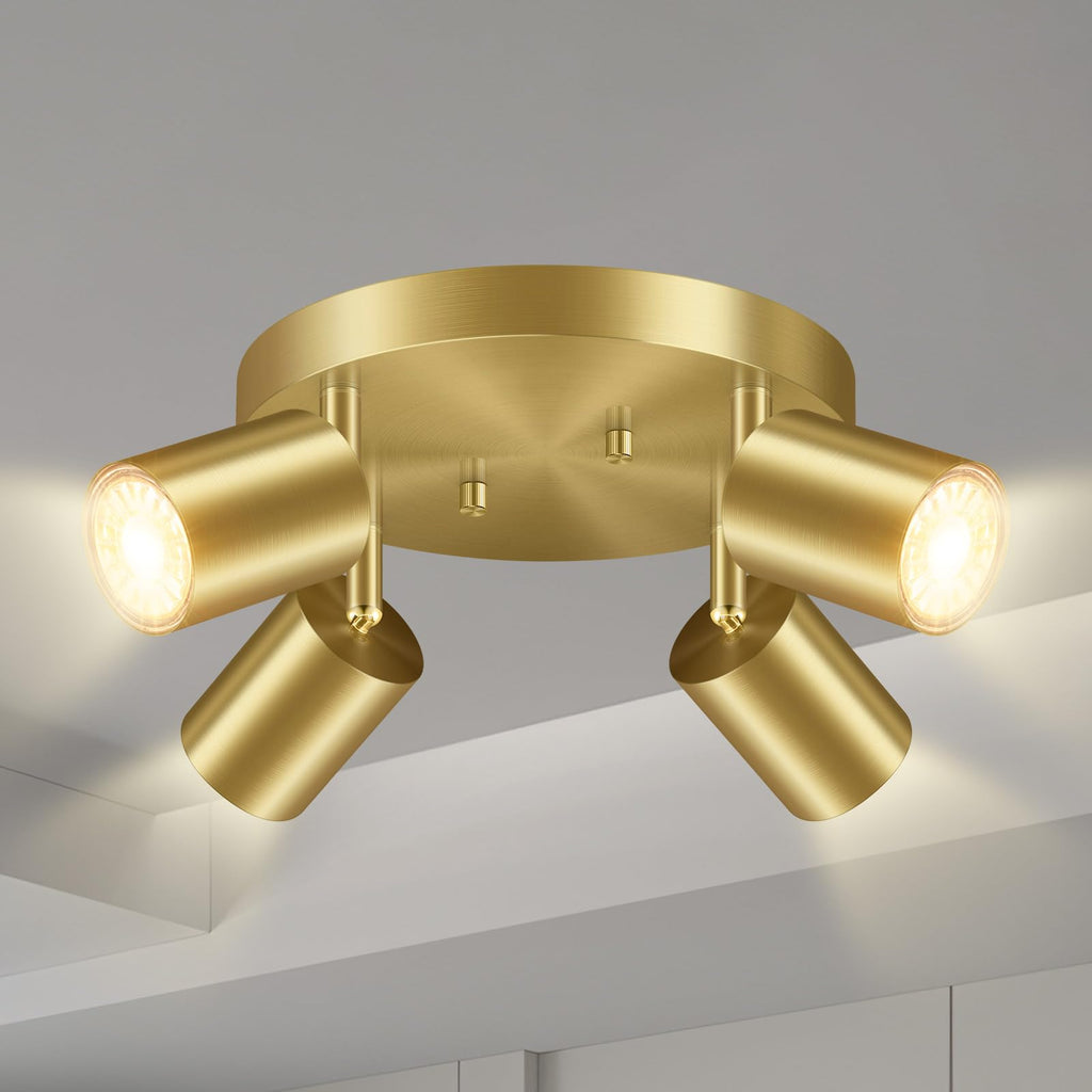 LED 4 Light Track Lighting Kit, LED Track Lighting Fixtures, Gold Round Ceiling Spot Lighting, Flexibly Rotatable