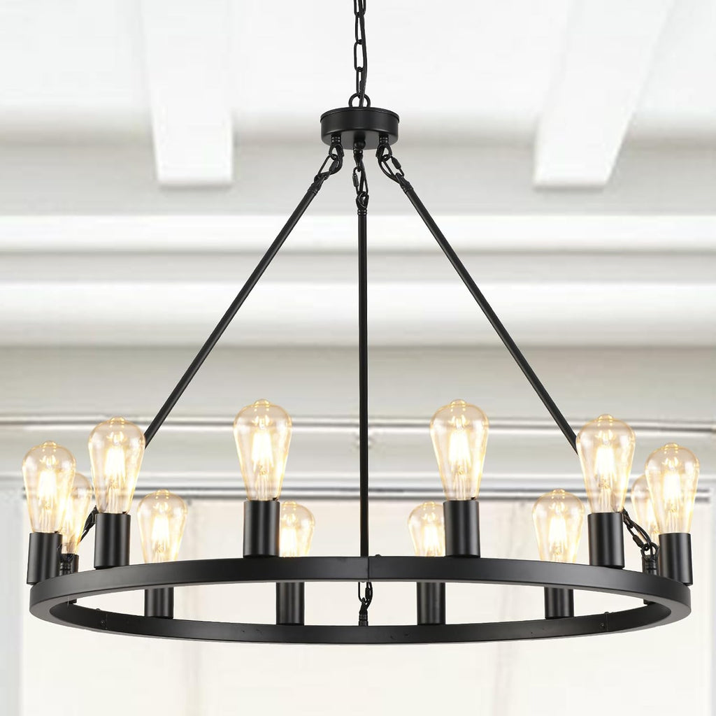 31.5" 12-Light Black Farmhouse Wagon Wheel Chandelier