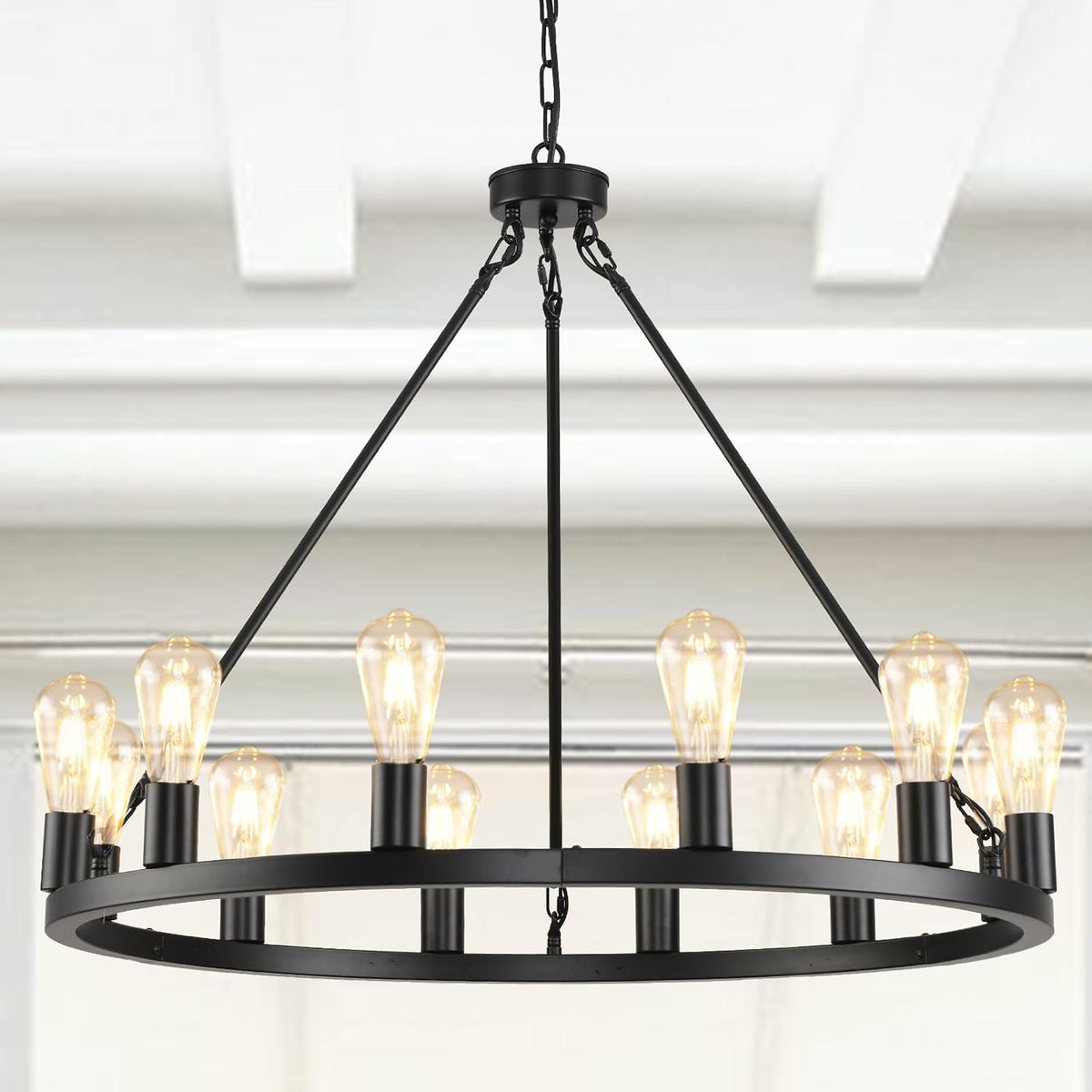31.5" 12-Light Black Farmhouse Wagon Wheel Chandelier