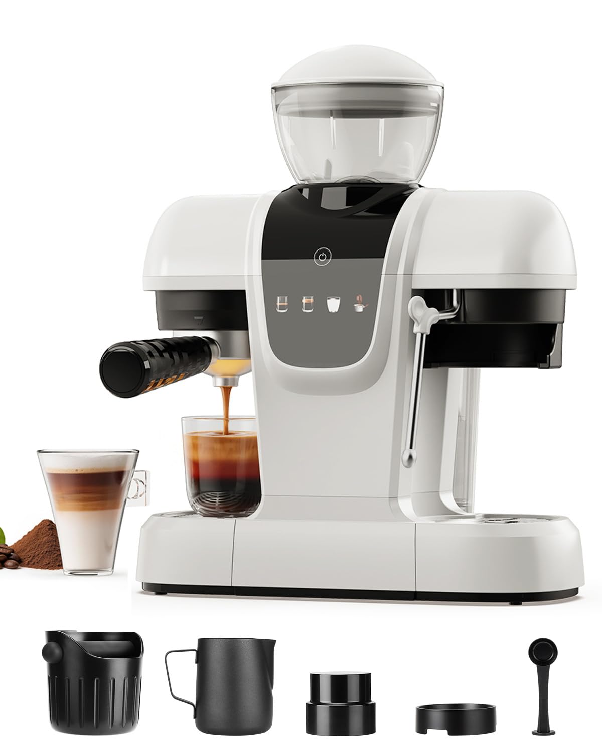 Semi-Automatic Espresso Machine with Grinder & Steam Wand,White
