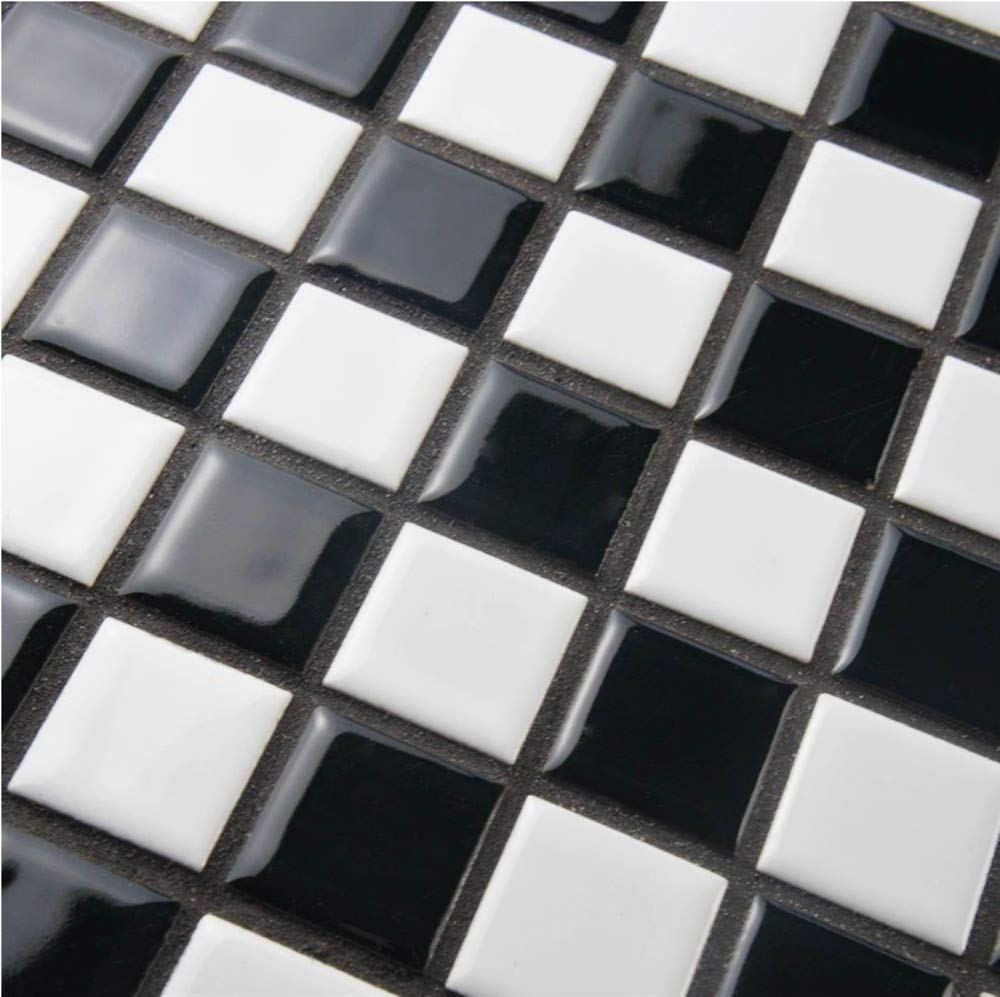 Black and White Checkerboard 1x1 Porcelain Mosaic Tile - Exact 1-1/16 in Chips, Shiny Gloss Finish Floor, Kitchen