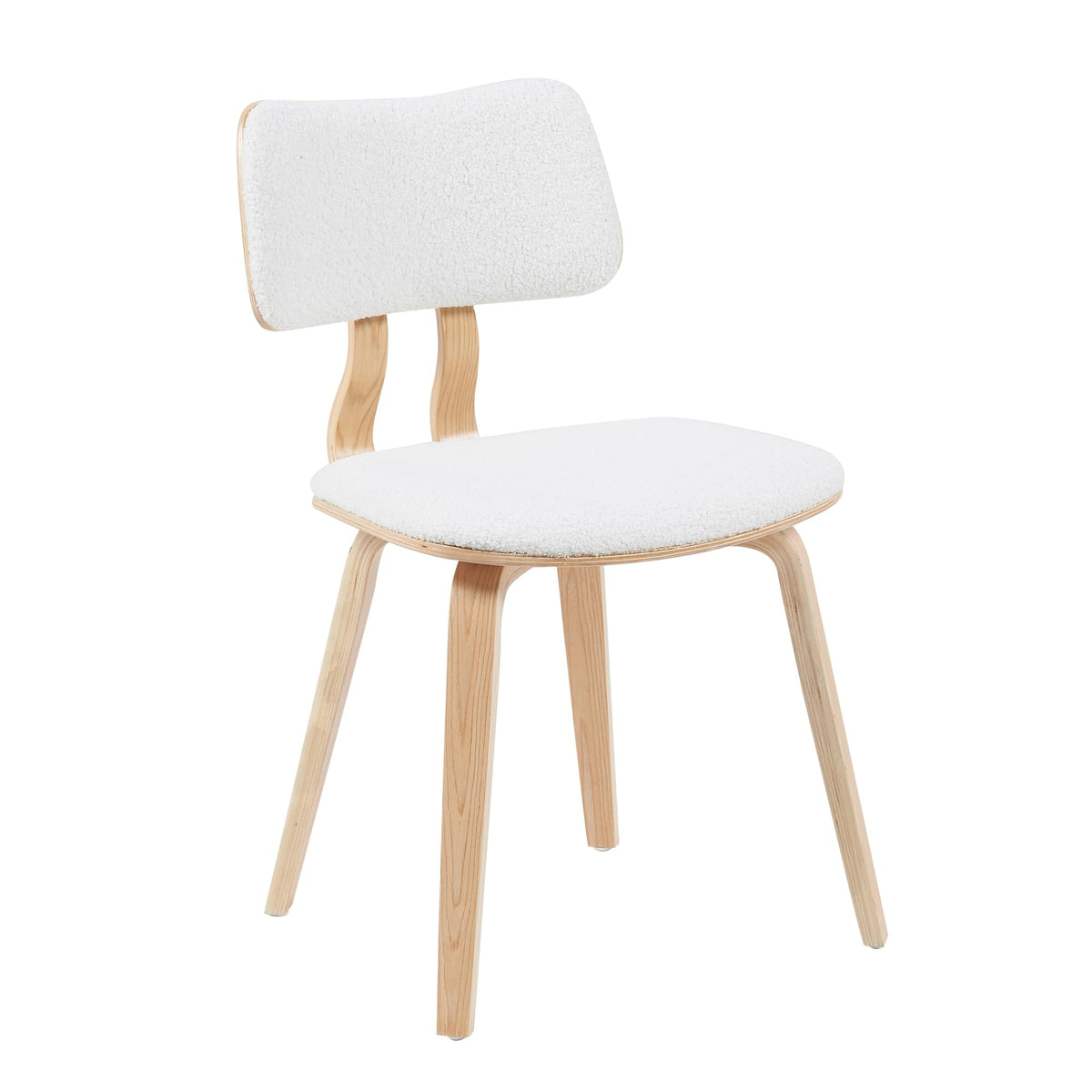 Jaguar Mid-Century Upholstered Dining Chair in White Boucle and Patterned Oak Finish
