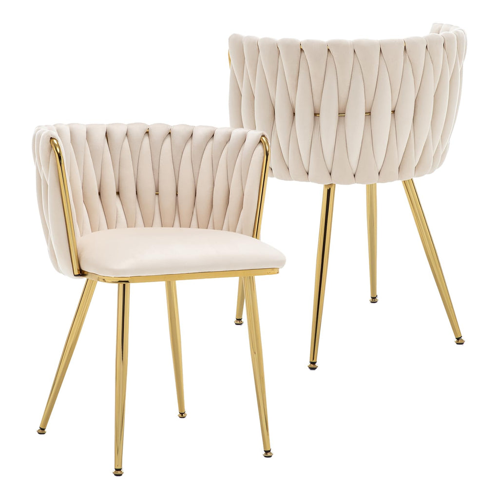 Dining Chairs Set of 2 Upholstered Dining Room Chairs Comfy Velvet Accent Chairs with Gold Metal Legs and Woven Back