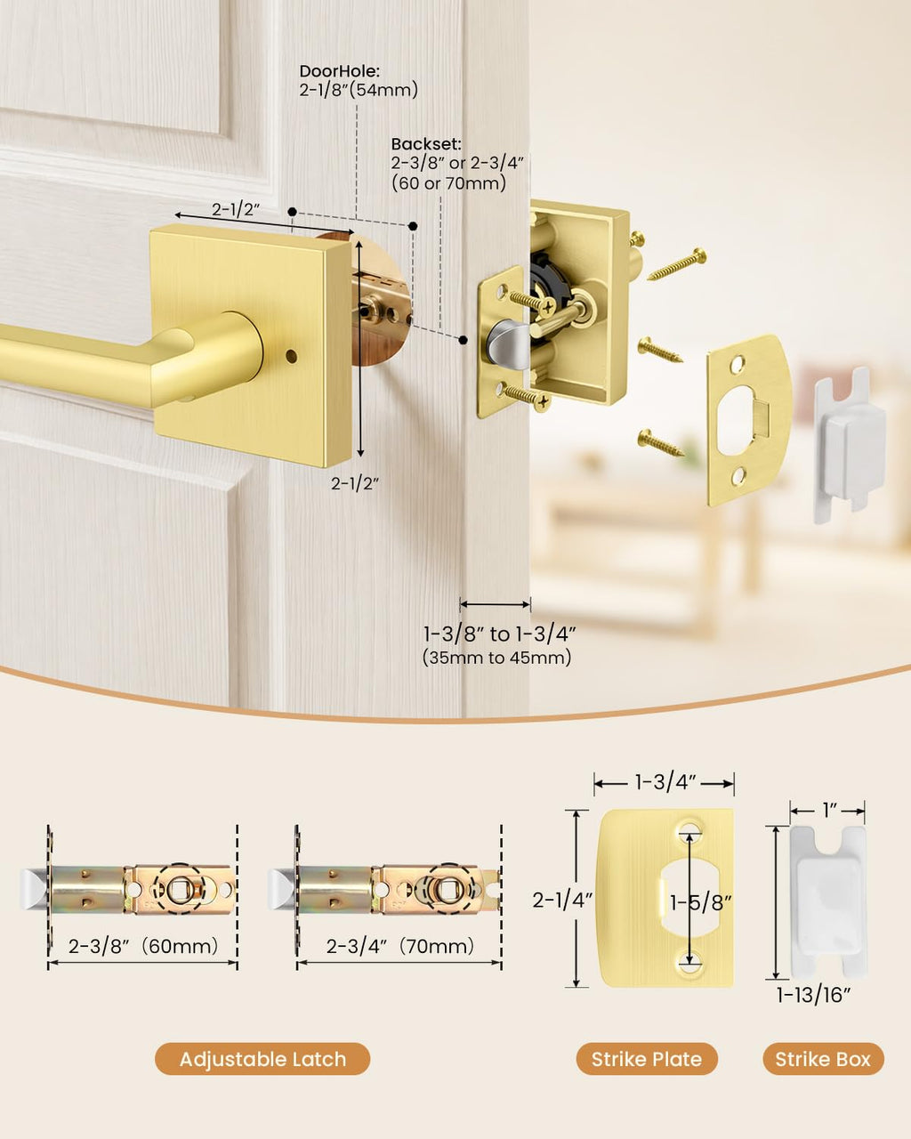 Gold Door Handles Interior, Zinc Alloy Privacy Door Handles, 6 Pack