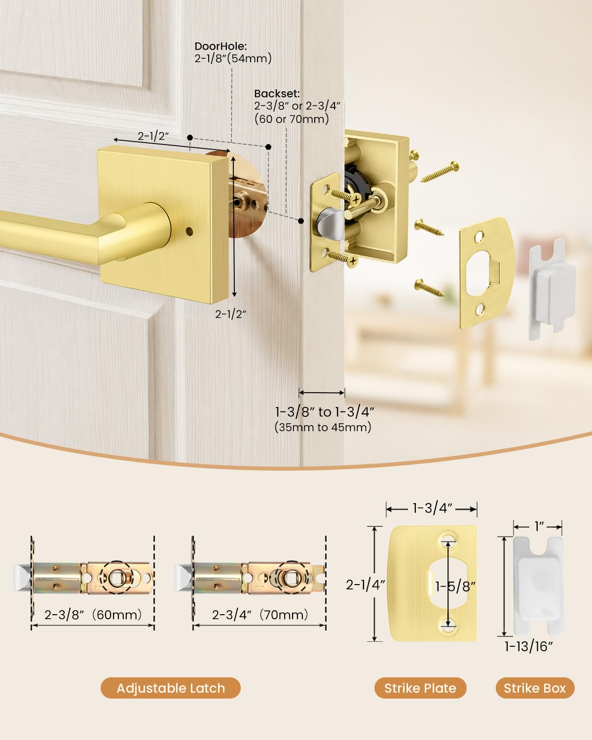 Gold Door Handles Interior, Zinc Alloy Privacy Door Handles, 6 Pack