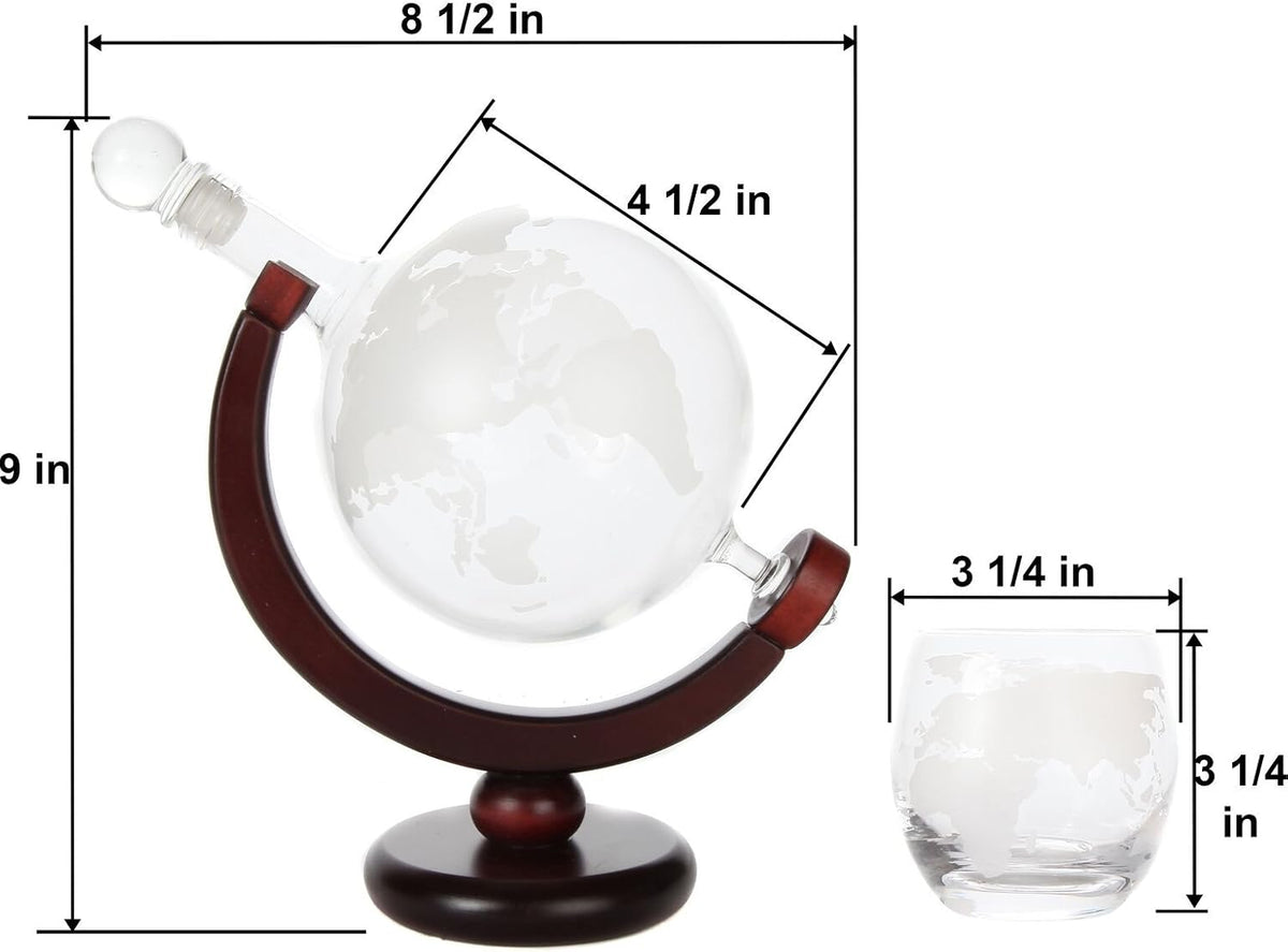 World Globe Whiskey Decanter with Dark Finished Wood Stand, Bar Funnel, and 2 Matching Glasses (850 ml)