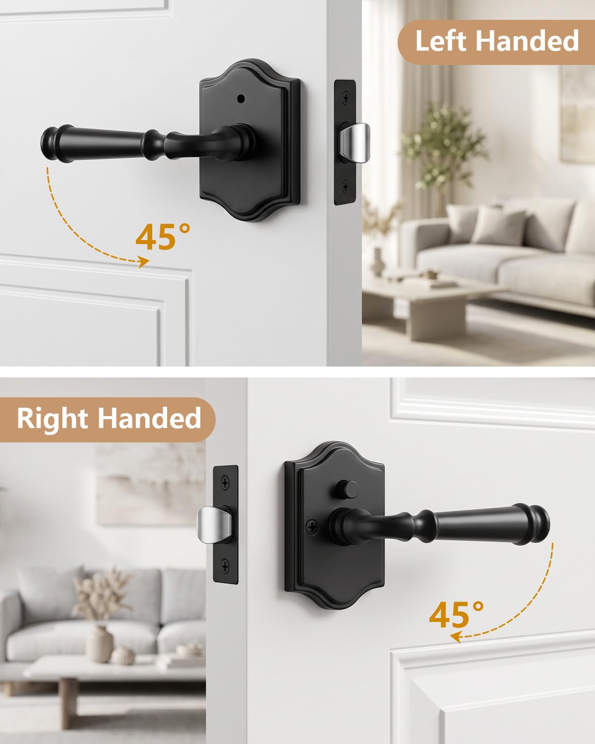 Interior Privacy Door Handle, Matte Black Arch Rosette Door Lever