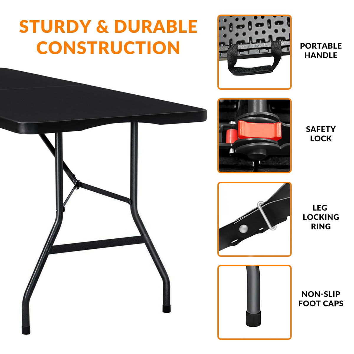6FT Folding Table, Fold in Half Heavy Duty Plastic Utility Table with Carrying Handle, Black | HDPE Top for Indoor