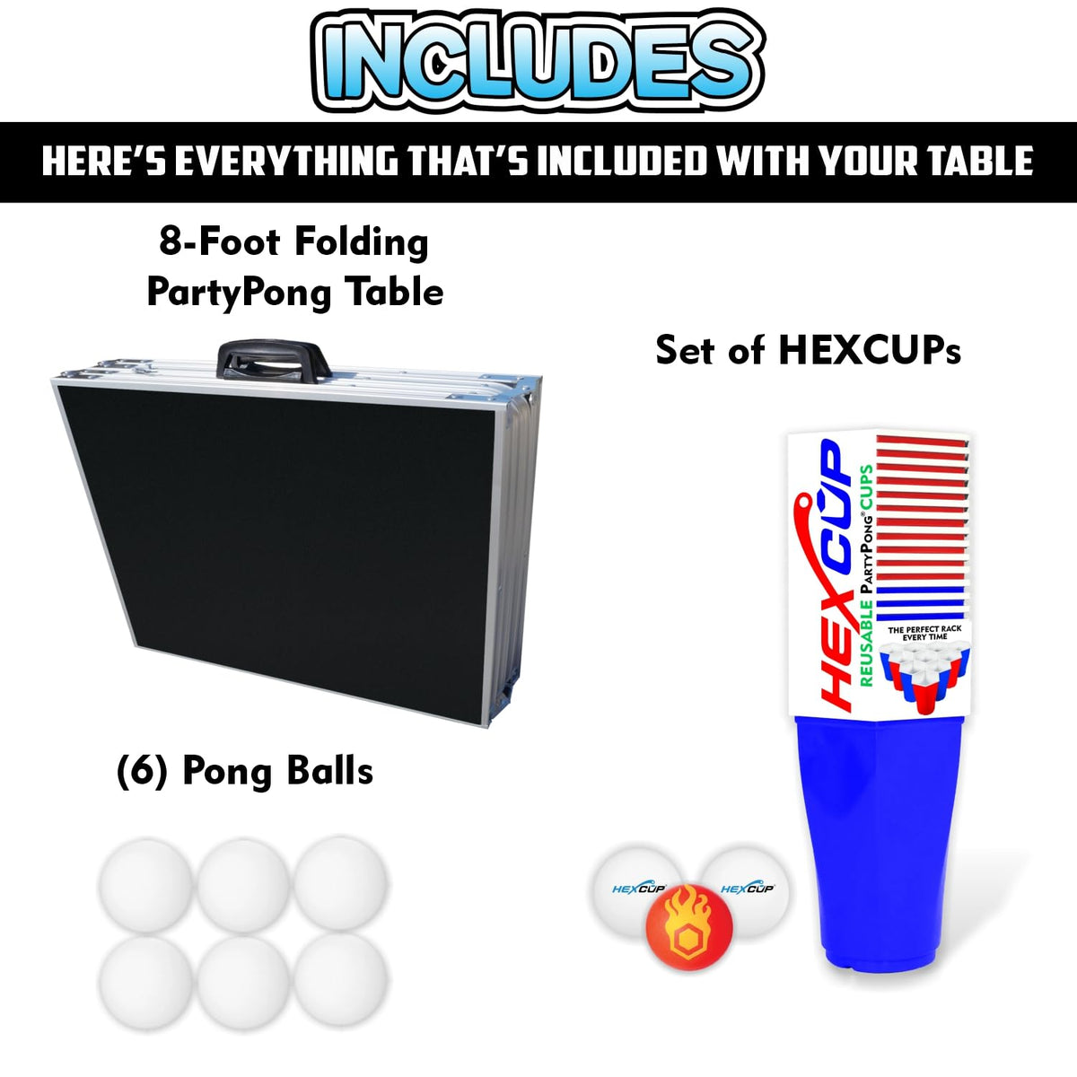 8-Foot Folding Party Table w/Free Set of HEXCUPs & Pong Balls - Party Edition