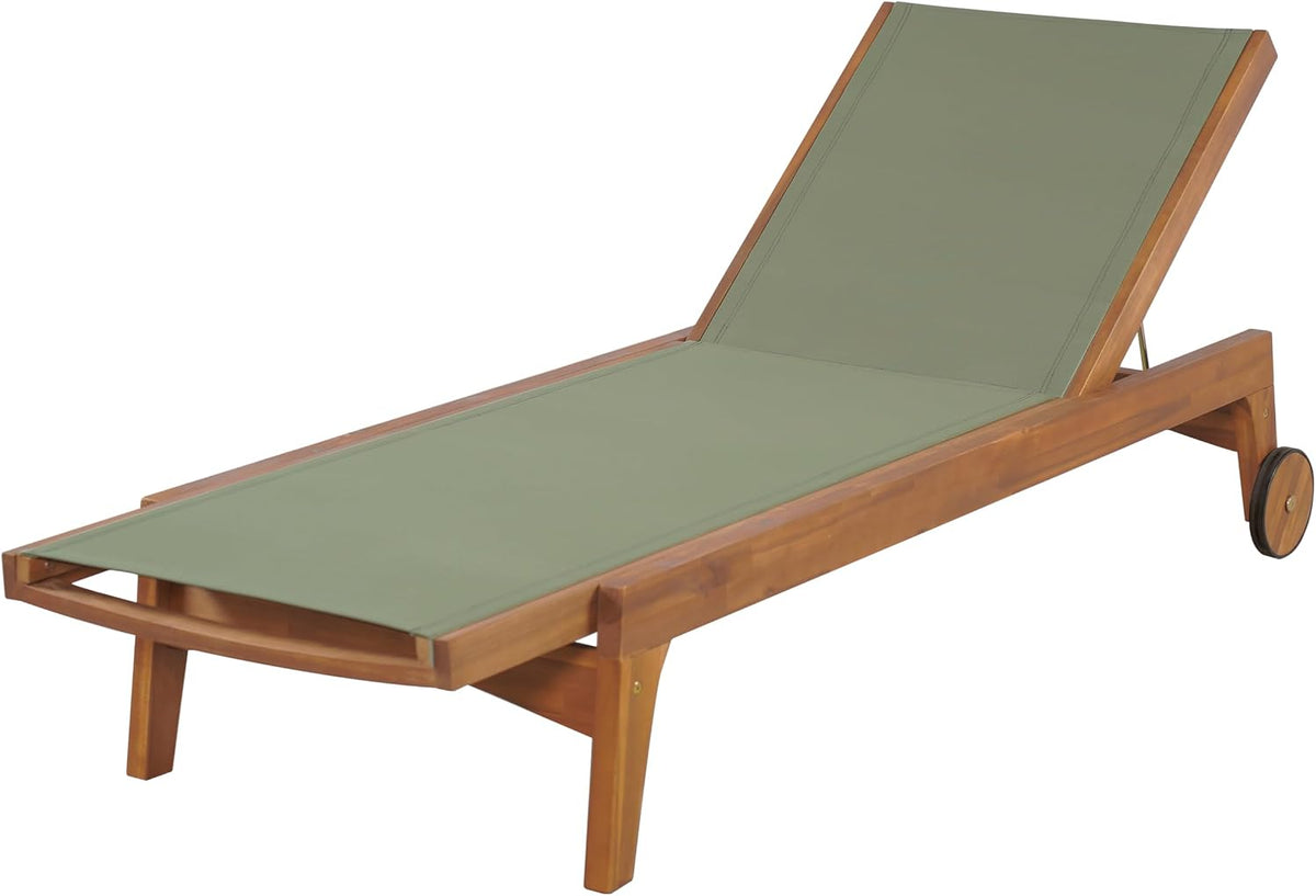 Chaise Lounge Chair Outdoor, Acacia Wood Frame Sunbathing Pool Lounger, Adjustable Backrest Single Lounge