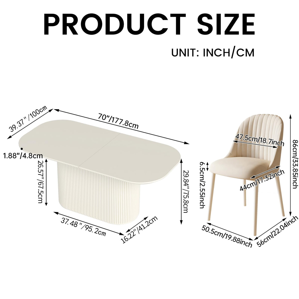 70" White Dining Table Set with 6 Chairs, Oval Kitchen Set