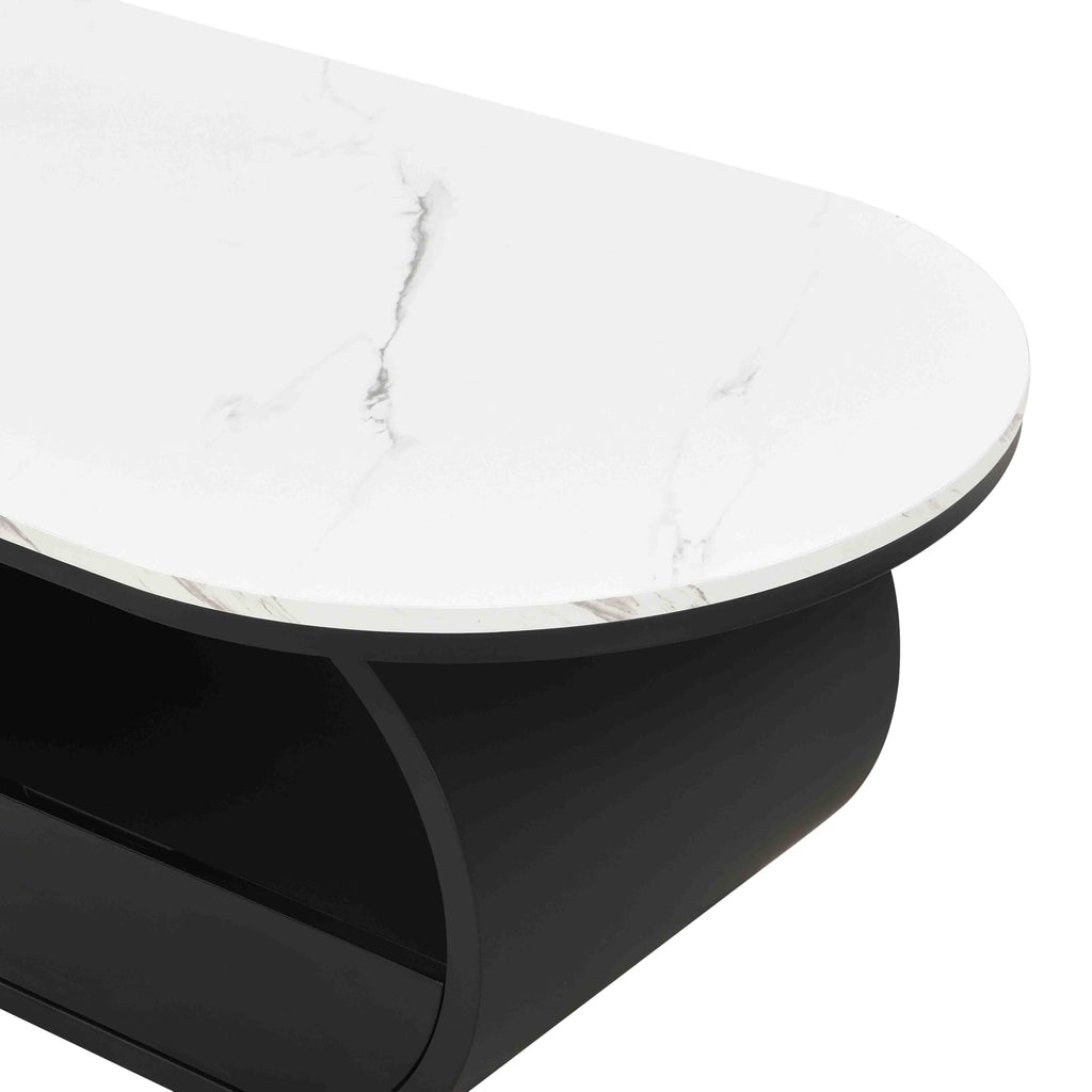 Inspired Saarinen Style Faux Marble Oval Coffee Table with Storage Drawer Pedestal Base