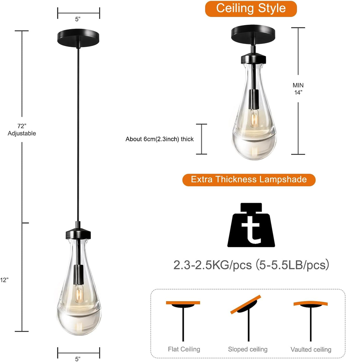 Raindrop Pendant Lights Kitchen Island Teardrop Black Hanging Light Fixtures Clear Solid Glass Pendant Light Modern Chandeliers for Dining Room Porch Corridor Living Room