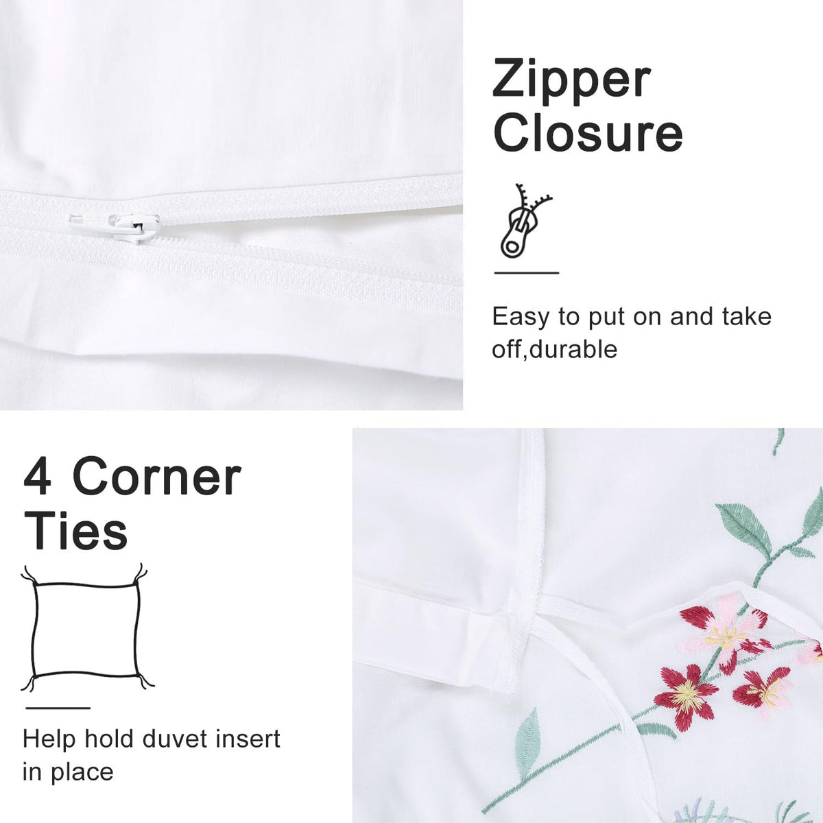 Floral Duvet Cover Set Embroidered Pink Spring Flower White Cotton