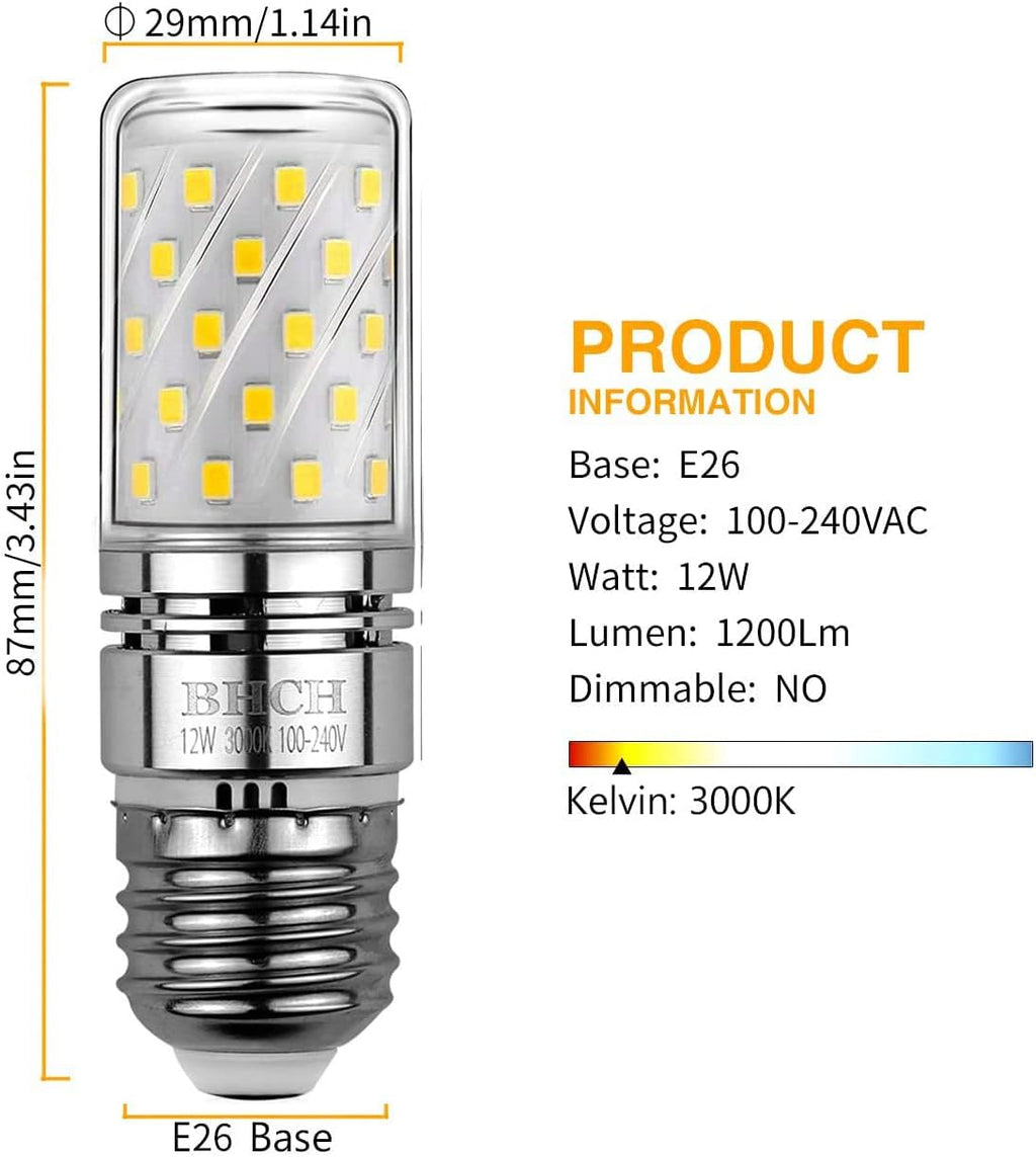E26 LED Corn Bulbs 12W,3000K Warm White,1200LM,100W Incandescent Bulbs Equivalent,Pack of 4
