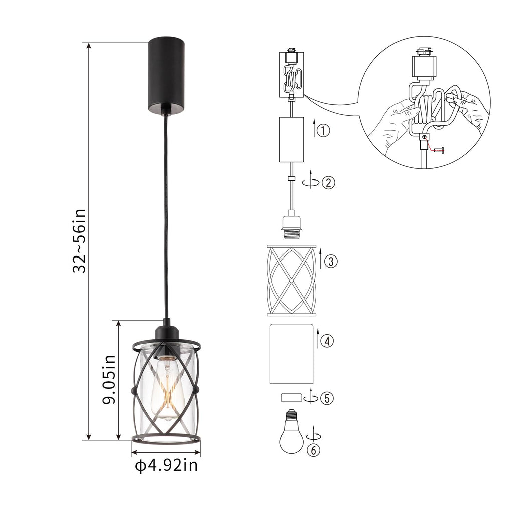 H-Type Black Track Lighting Pendant with Dotted Cage Clear Glass, Adjustable Hanging Light, E26 Socket, Pack of 3