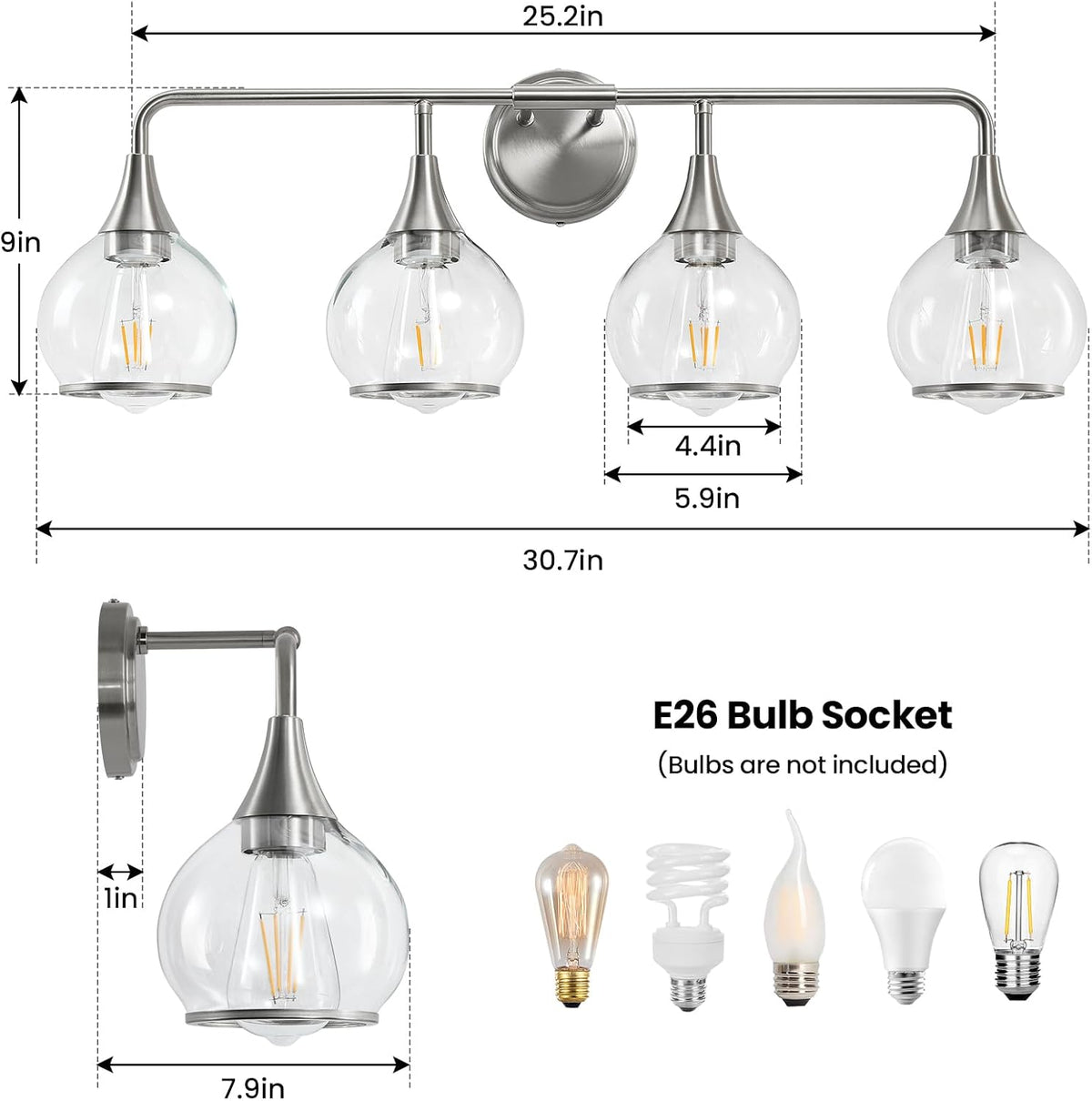 Brushed Nickel Bathroom Light Fixture 4 Lights Bathroom Vanity Lights Over Mirrors with Clear Glass Shade 30.7 inch