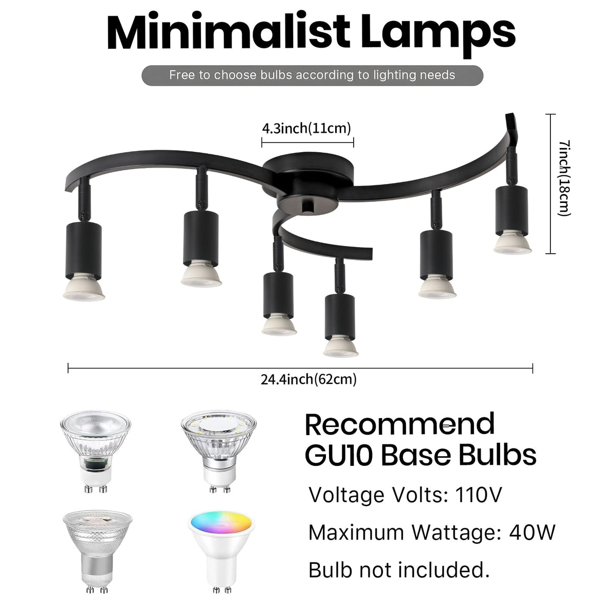 6 Light Track Lighting Fixtures Ceiling, Flexibly Rotatable Light Heads, Black Semi Flush Mount Ceiling Light Dining