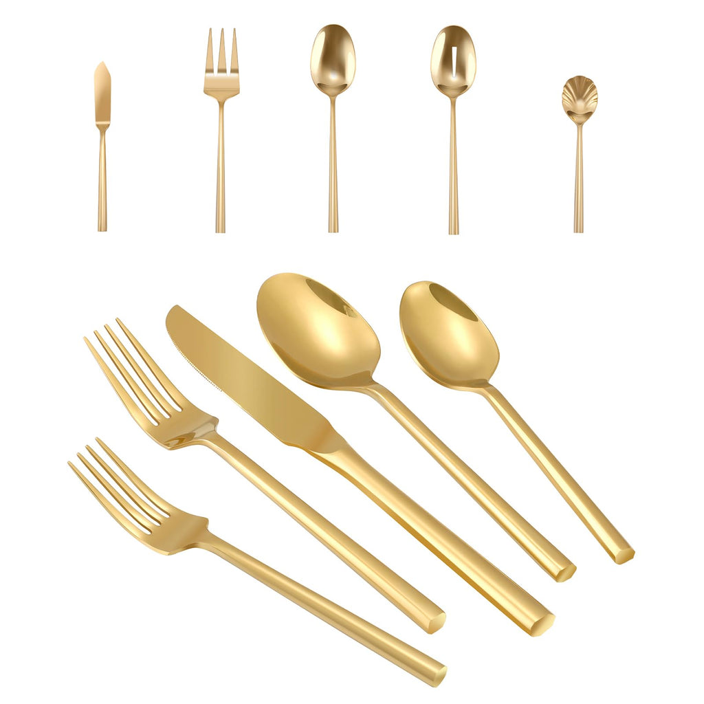 Gold Silverware with Hexagon Handle 65-Piece Service for 12