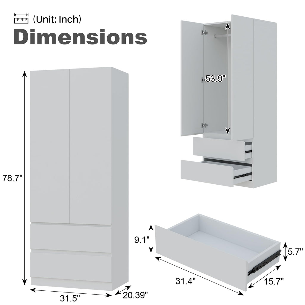 White Armoire Wardrobe Closet with Large Capacity, 78.74" Tall Bedroom Armoire, Wooden Wardrobe Cabinet with 2