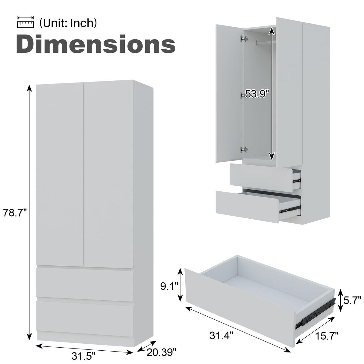 White Armoire Wardrobe Closet with Large Capacity, 78.74" Tall Bedroom Armoire, Wooden Wardrobe Cabinet with 2